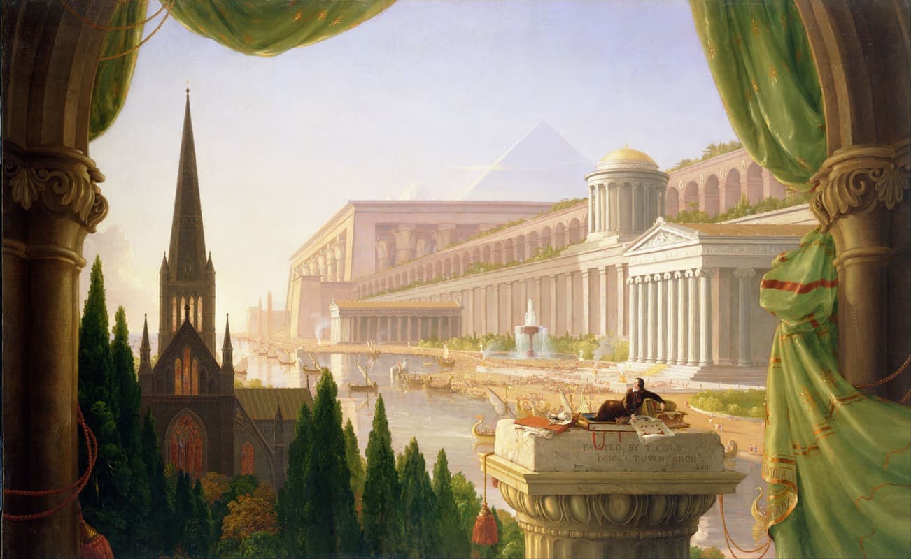 An imagined city bringing together architecture from several eras