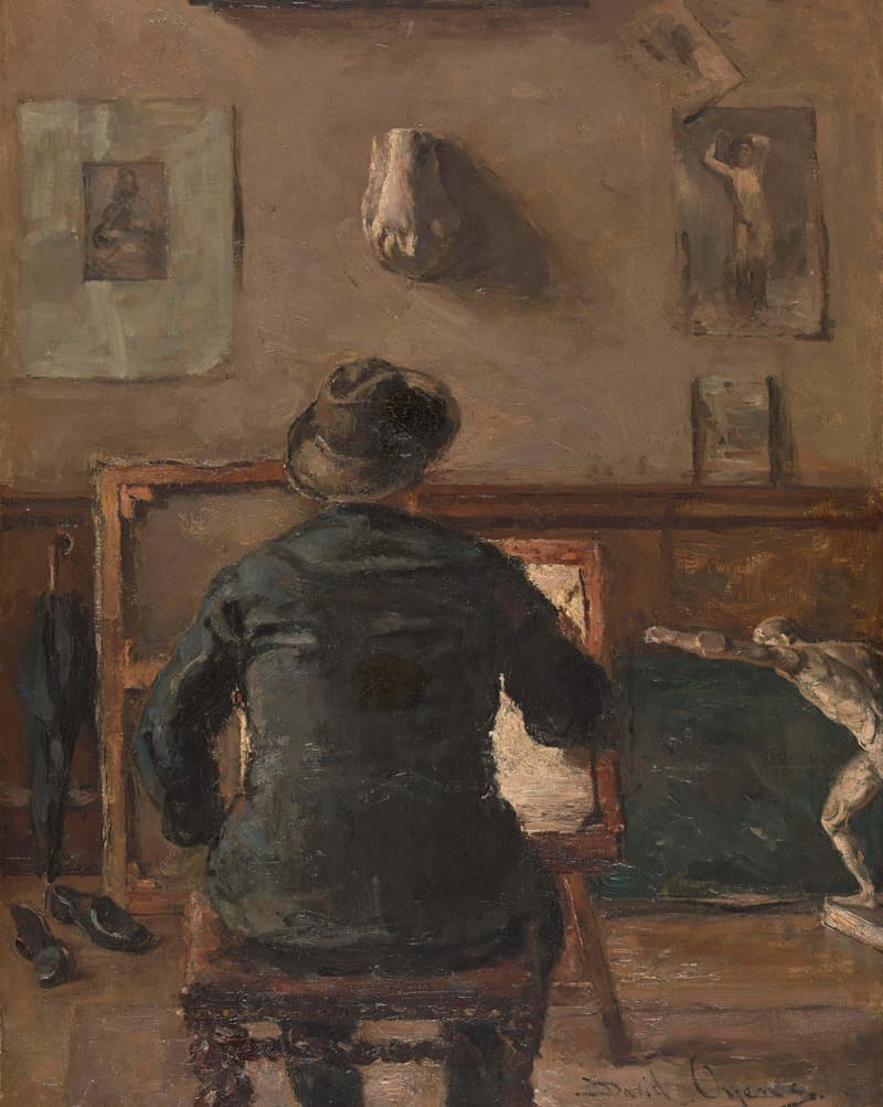 An artist seated before a canvas in a quiet brown studio