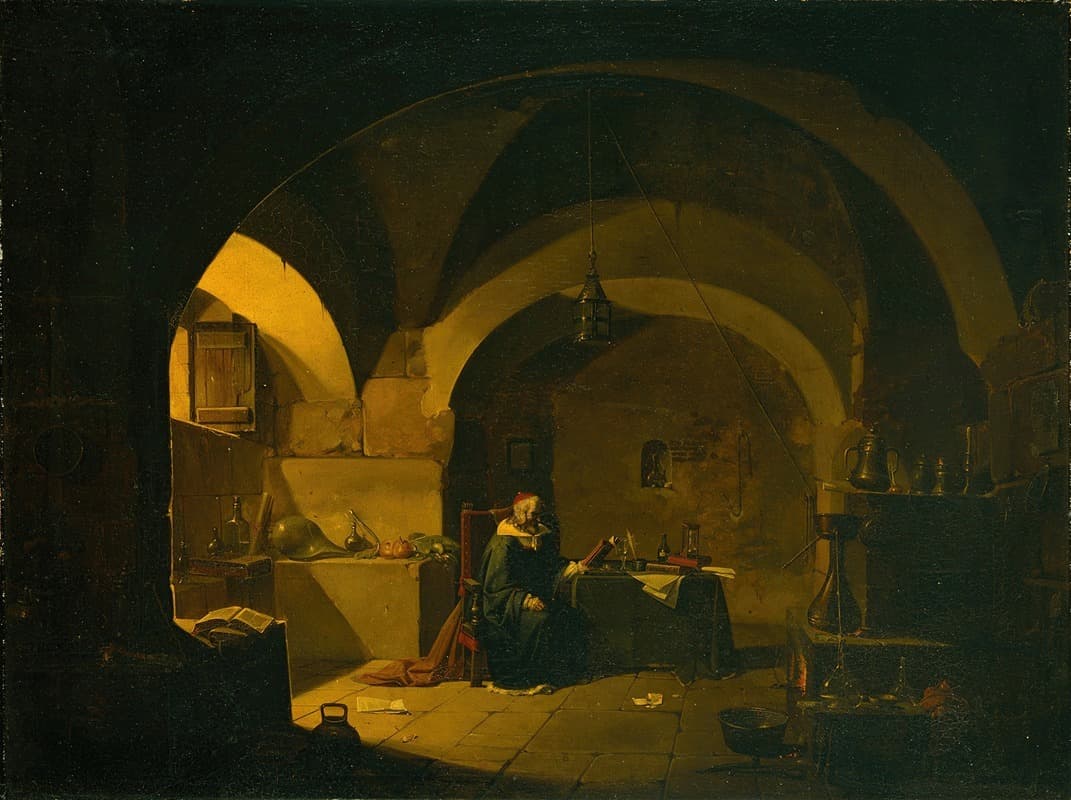 A chemist working at a desk surrounded by instruments in a laboratory