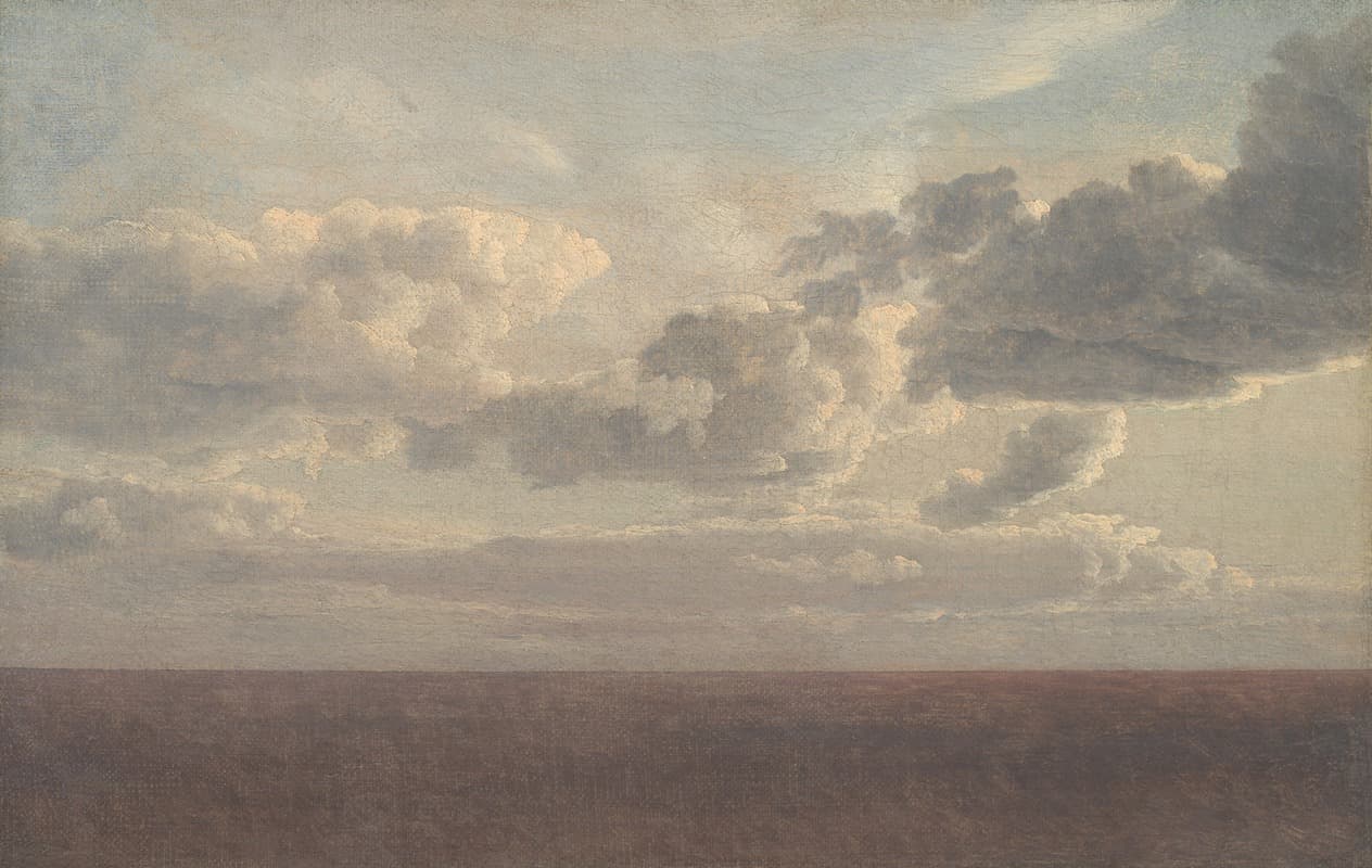 A low sea horizon beneath a broad study of layered clouds