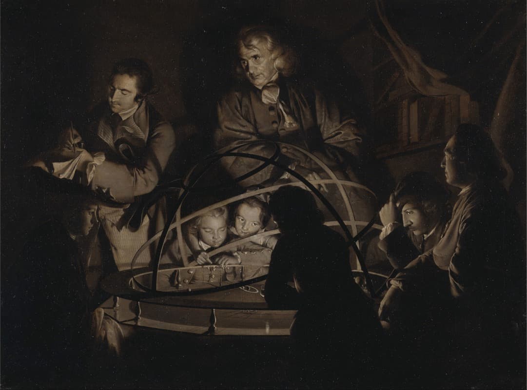 Adults and children gathered around an orrery during a scientific lecture