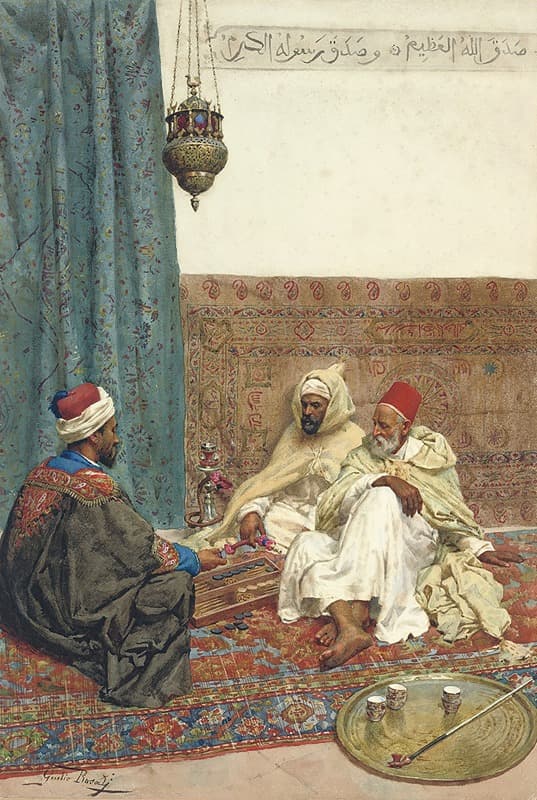 Three men seated on rugs around a game of tavli