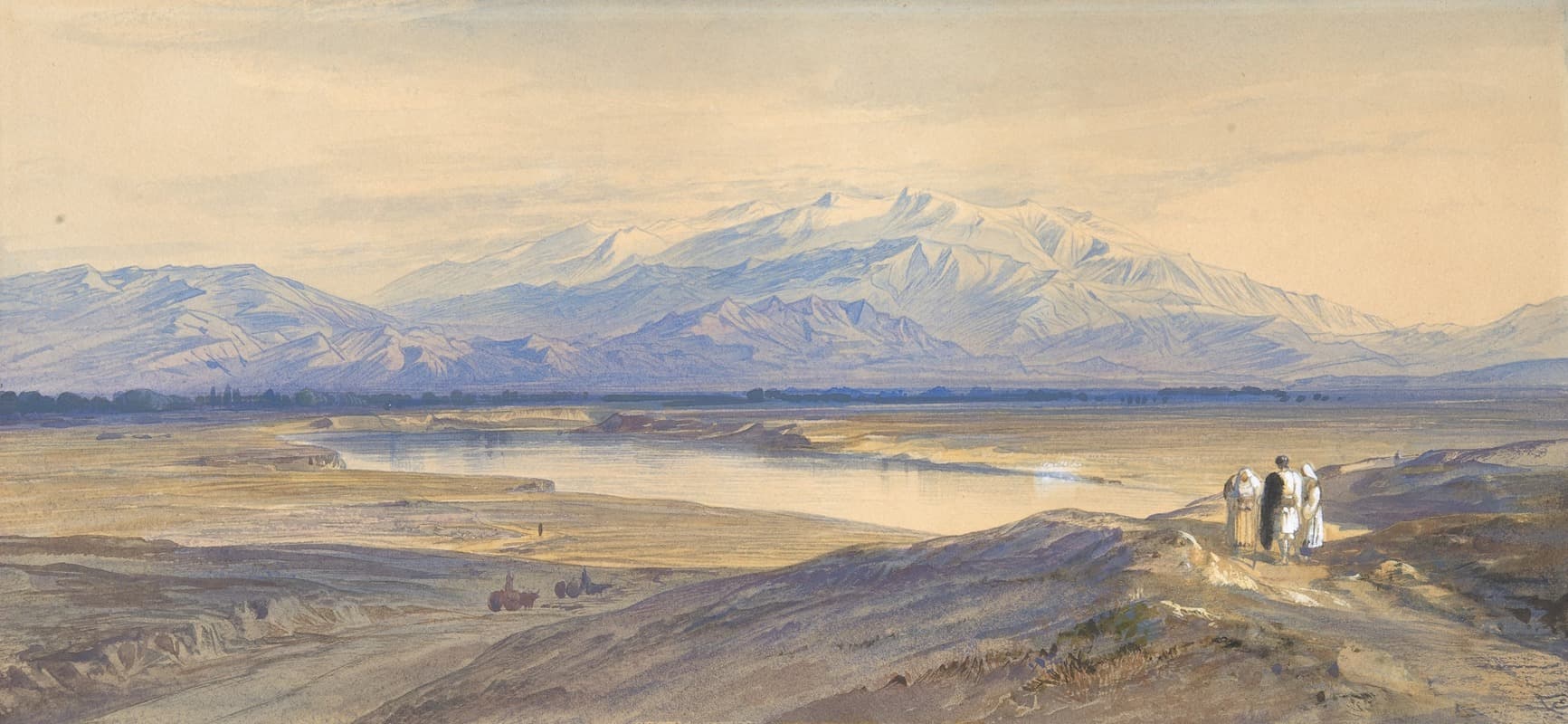 Mount Olympus seen from Larissa across the Thessalian plain, with four figures in the foreground