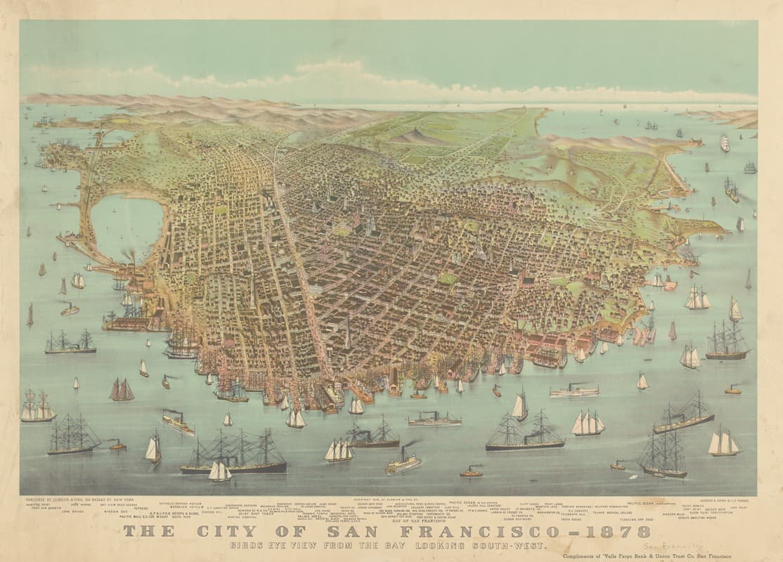 A detailed bird's-eye view of San Francisco from the bay in 1878