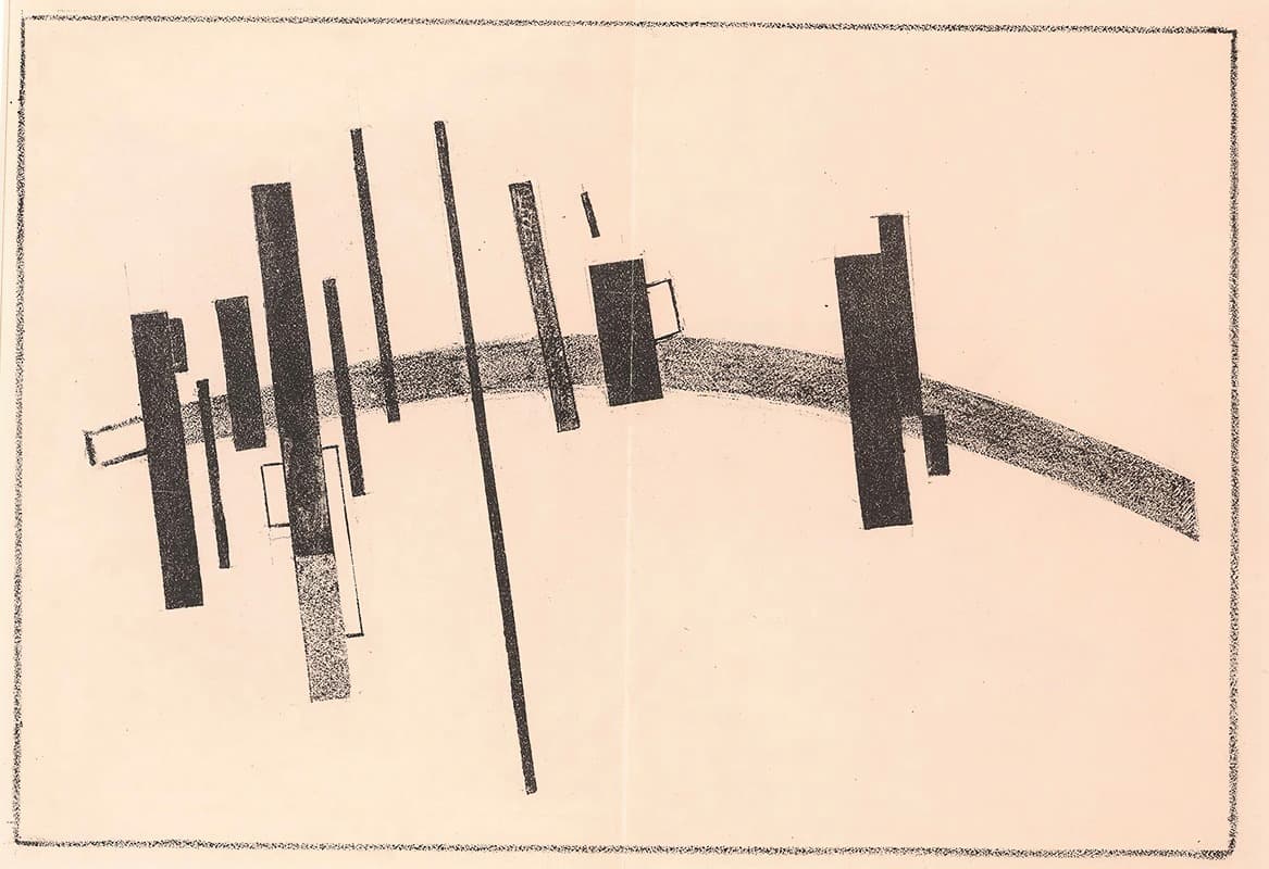 An abstract study of dark geometric forms moving across a curved line