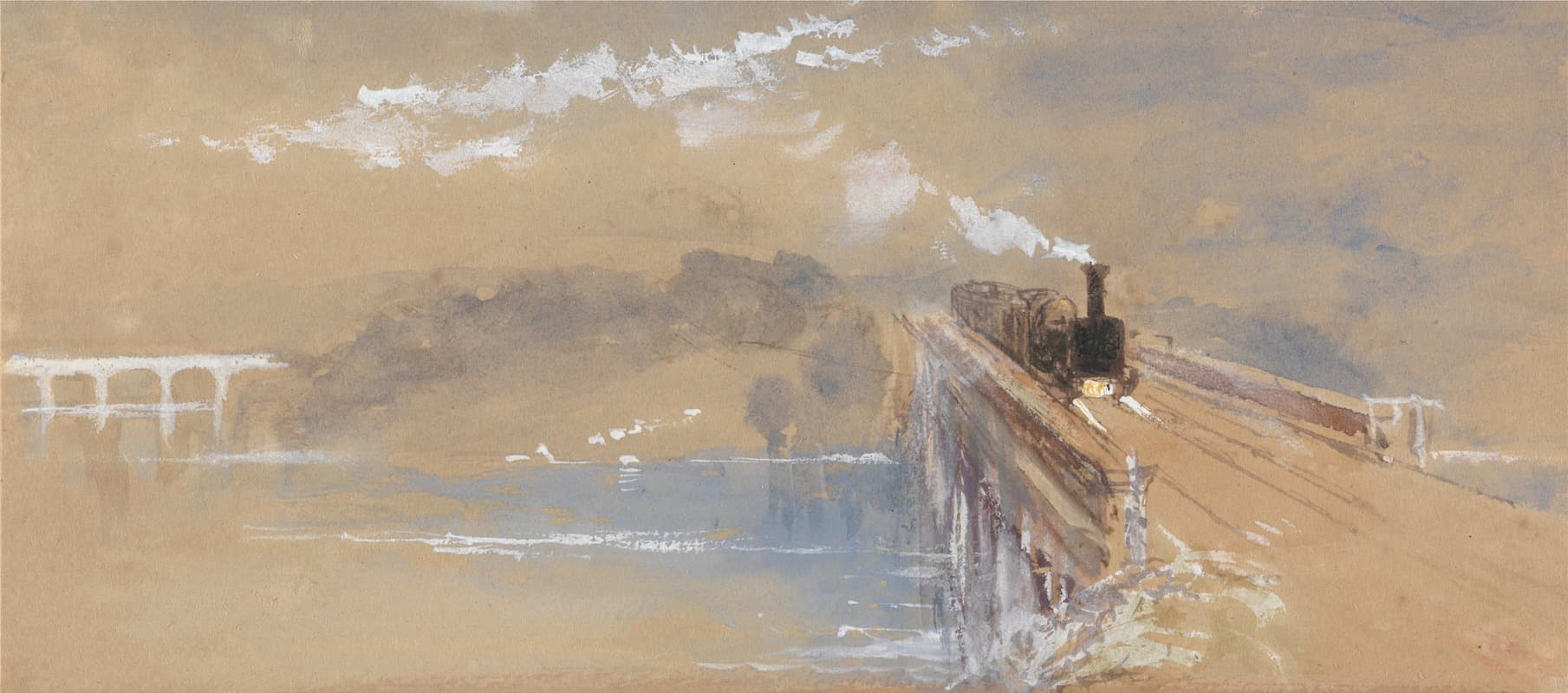 A steam train crossing a bridge through a pale, hazy landscape