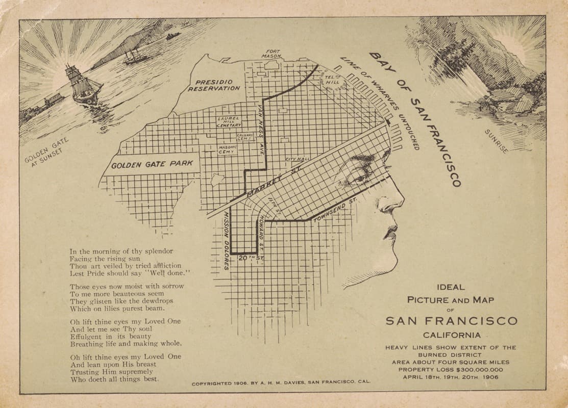 An illustrated 1906 map of San Francisco drawn within a profile