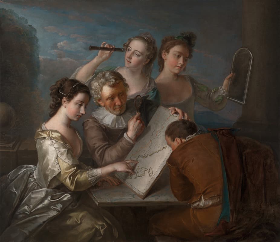 Five people closely studying a map with optical instruments and a mirror