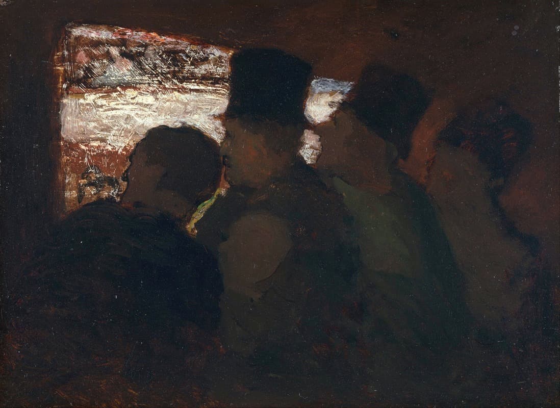 A dark painted study of an audience gathered closely in a theater