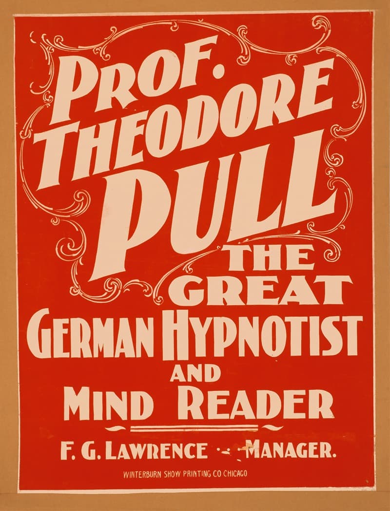A red and cream poster advertising a hypnotist and mind reader