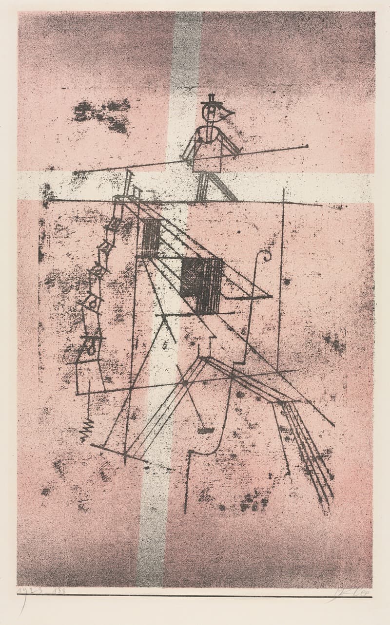 An abstract line drawing of a tightrope walker balancing above angular forms