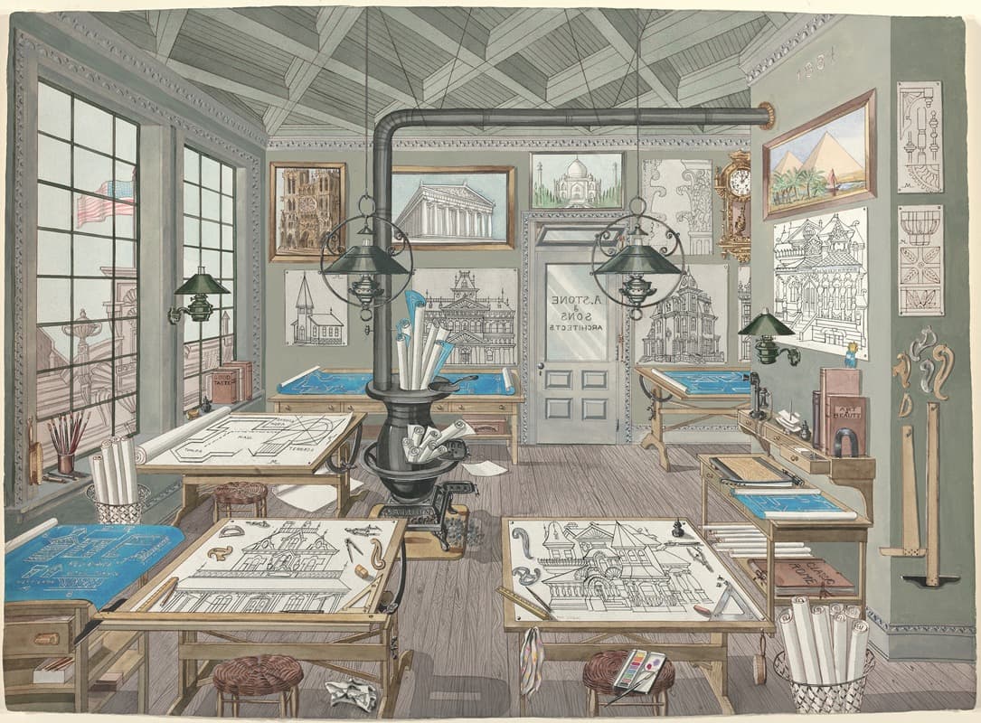 An architect's drafting room filled with plans, blueprints, and drawing tables