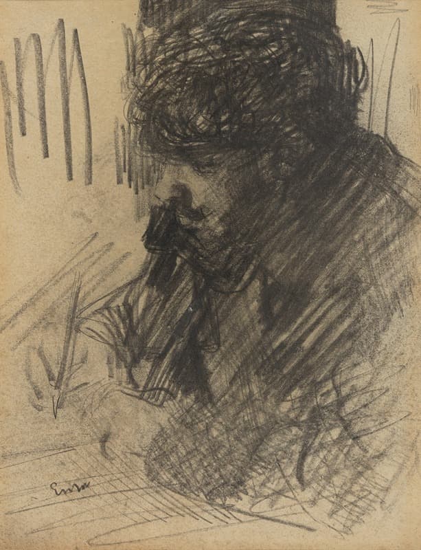 A charcoal study of Dario de Regoyos writing at a desk
